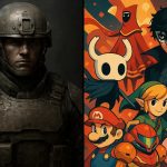 A split-screen comparison showing a generic, photorealistic game character on one side and a collage of memorable, stylized game characters on the other, representing graphics vs. gameplay.