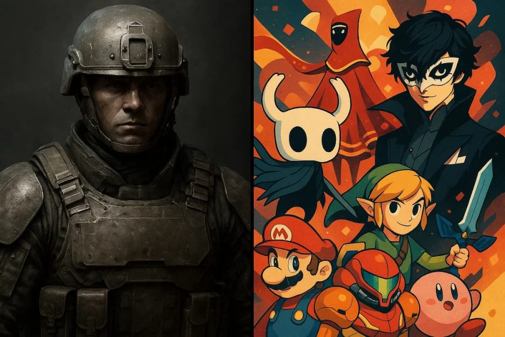 A split-screen comparison showing a generic, photorealistic game character on one side and a collage of memorable, stylized game characters on the other, representing graphics vs. gameplay.