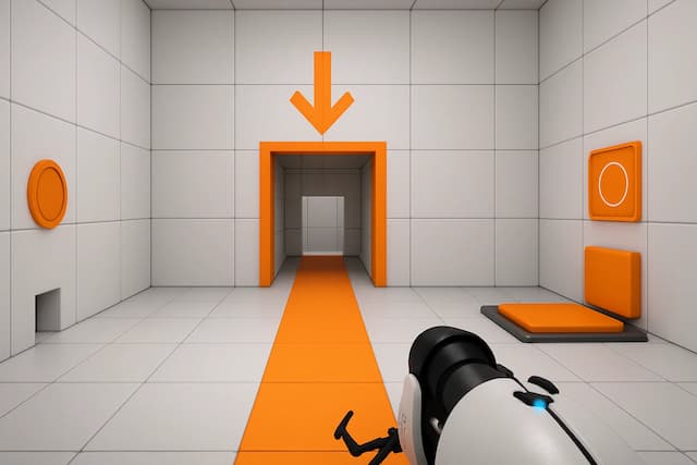 A first-person view in a minimalist game world where colorful highlights guide the player, demonstrating how art direction can enhance gameplay.