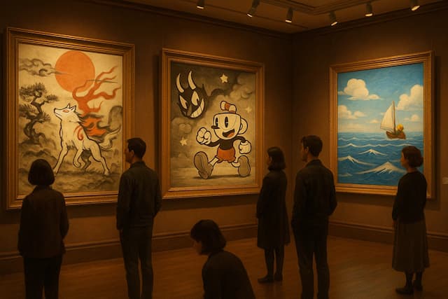 An art gallery displaying iconic video game art from titles like Okami and Cuphead as timeless masterpieces.